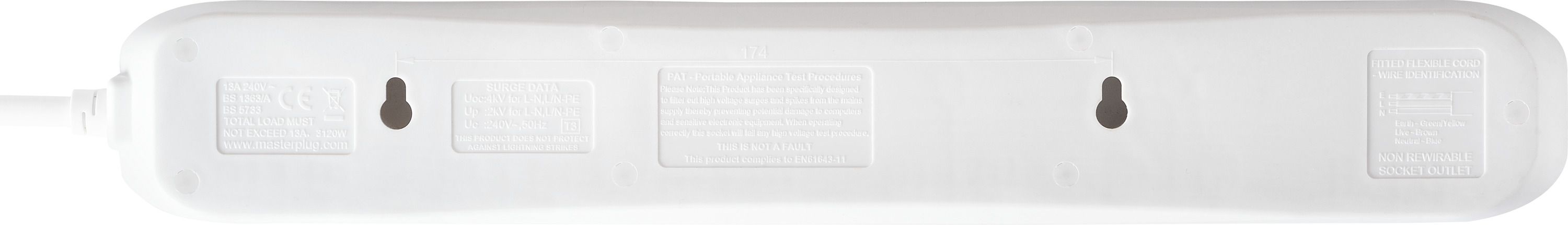 Masterplug SRG62N-BD 6 socket 13A Surge protected White Extension lead, 2m