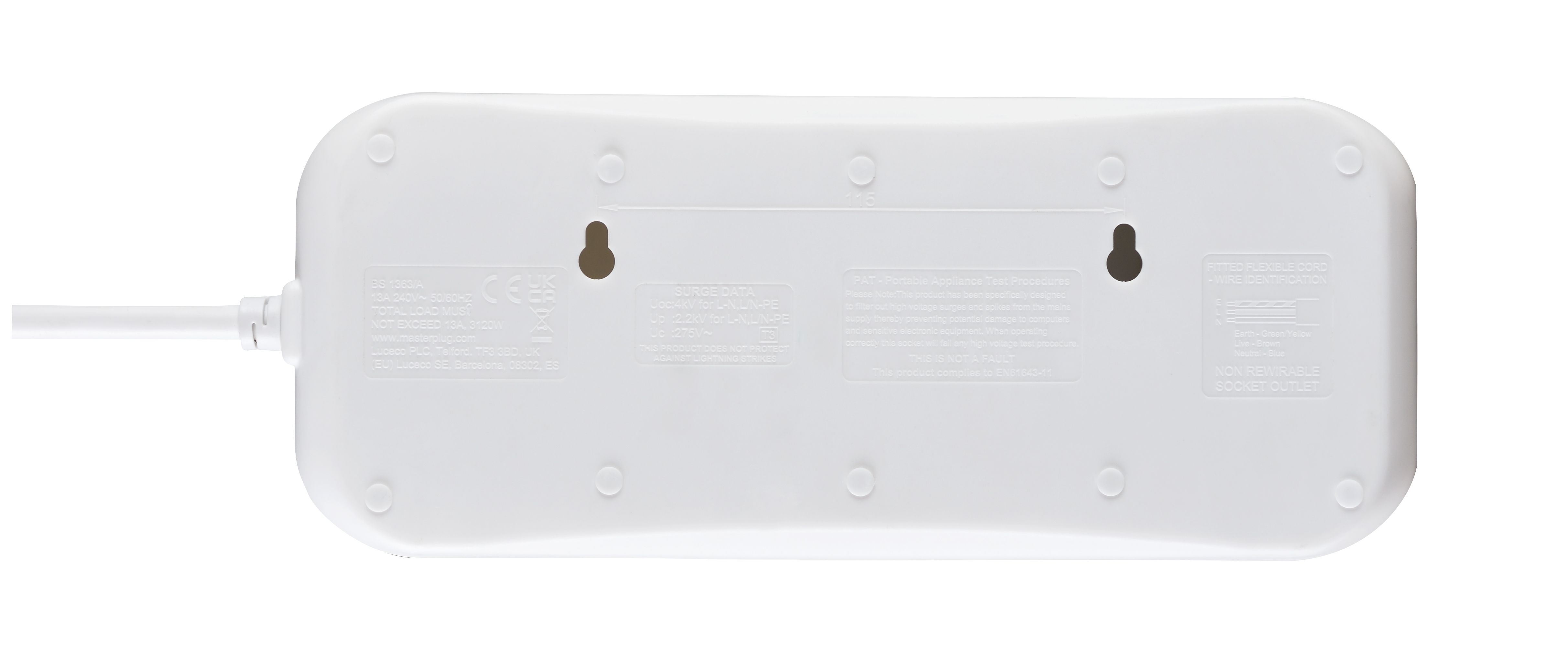Masterplug SRG82N-BD 8 socket 13A Surge protected White Extension lead, 2m