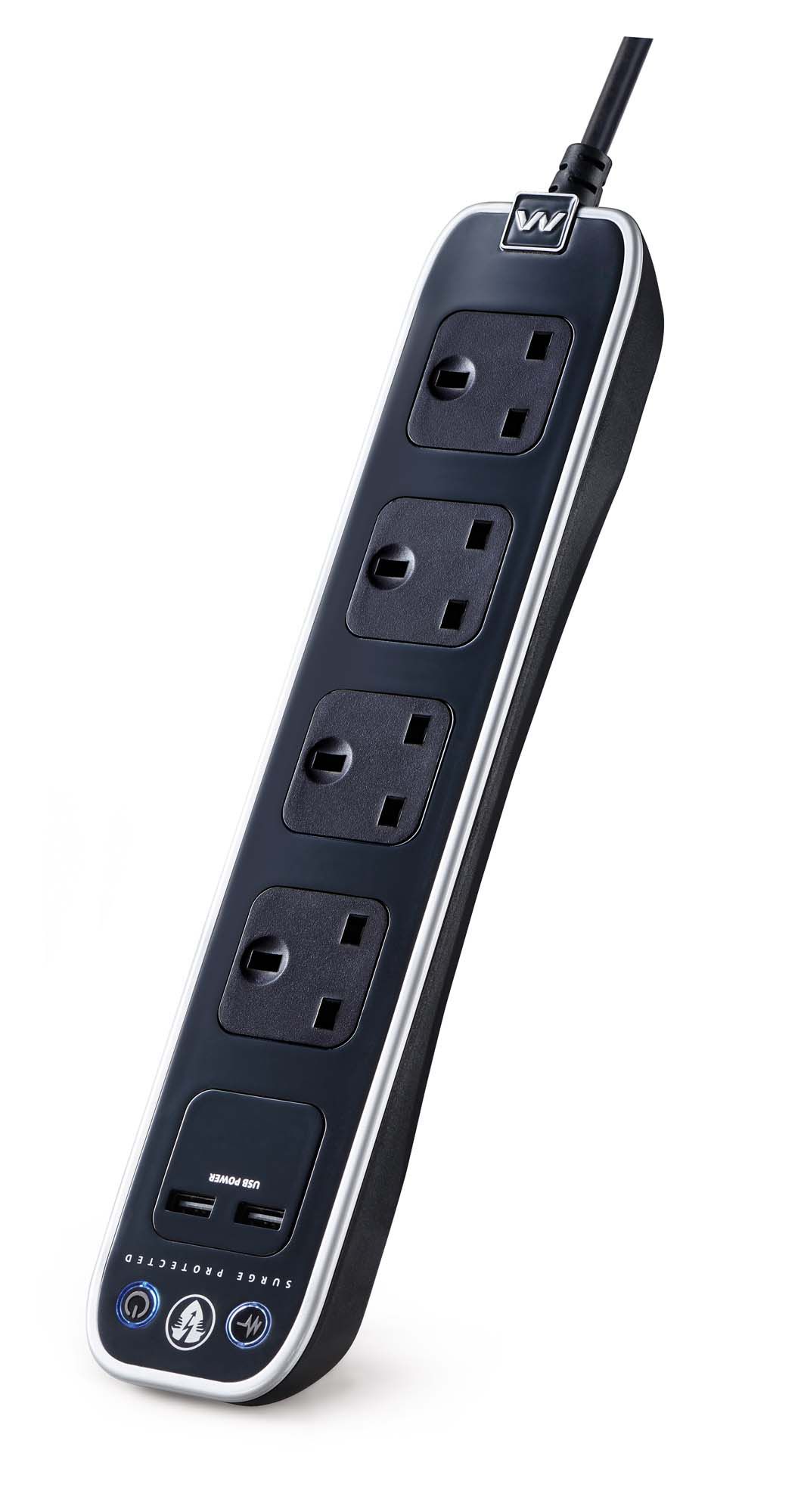 Masterplug Surge Black 4 socket Extension lead with USB, 1m