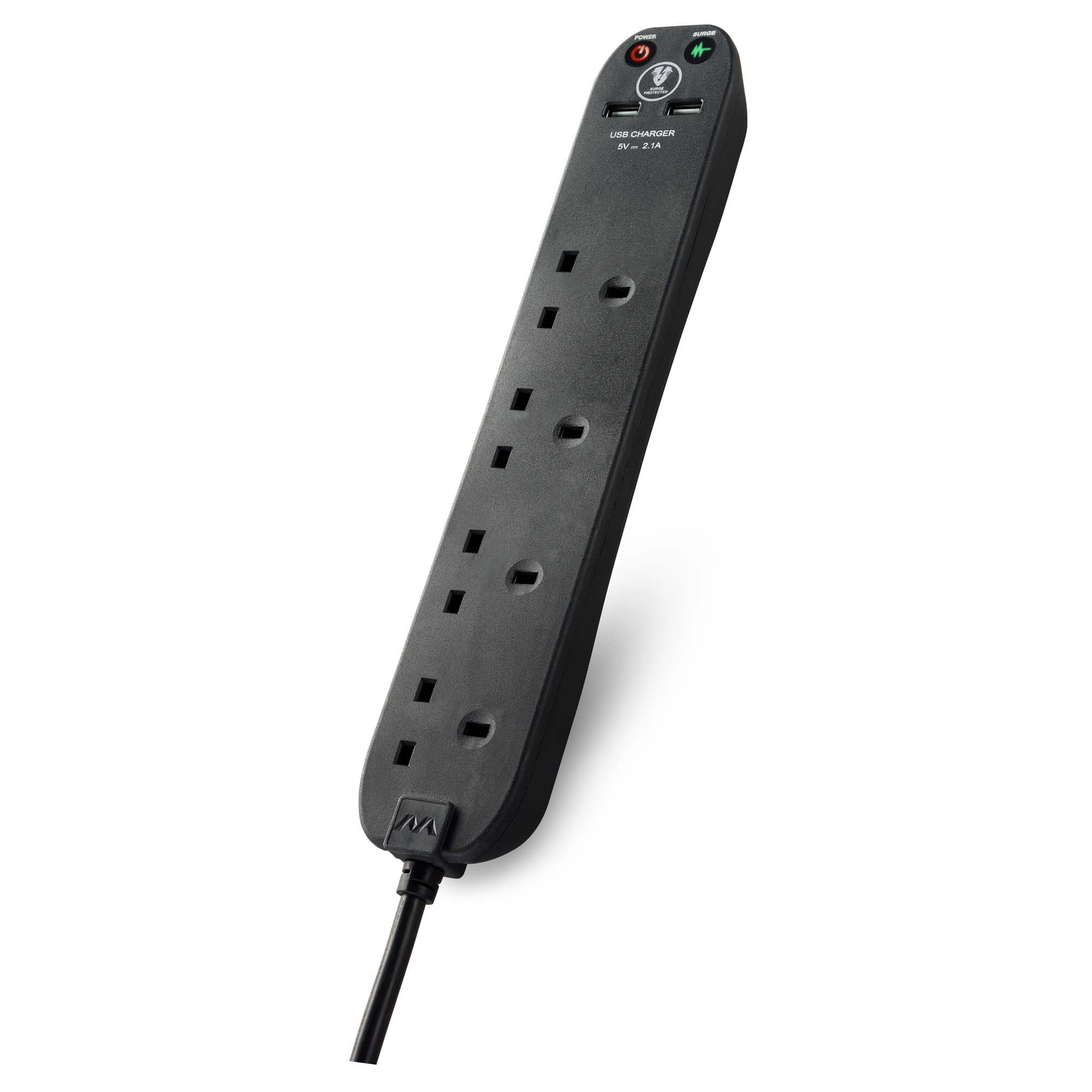 Masterplug Surge Black 4 socket Extension lead with USB, 1m