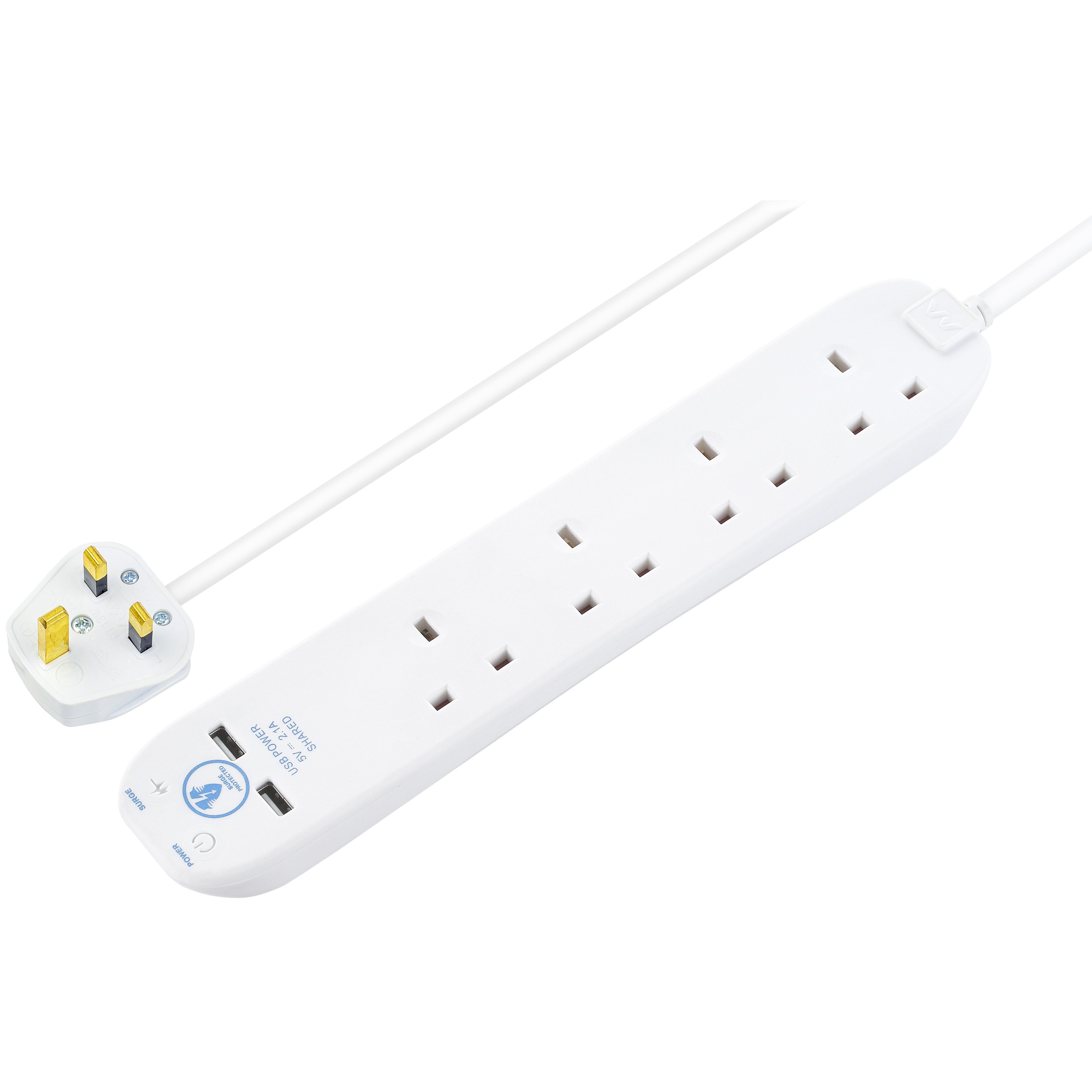 Masterplug Surge White 13A 4 socket Extension lead with USB, 1m