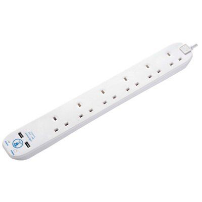 Masterplug Surge White 13A 6 socket Extension lead with USB, 1m