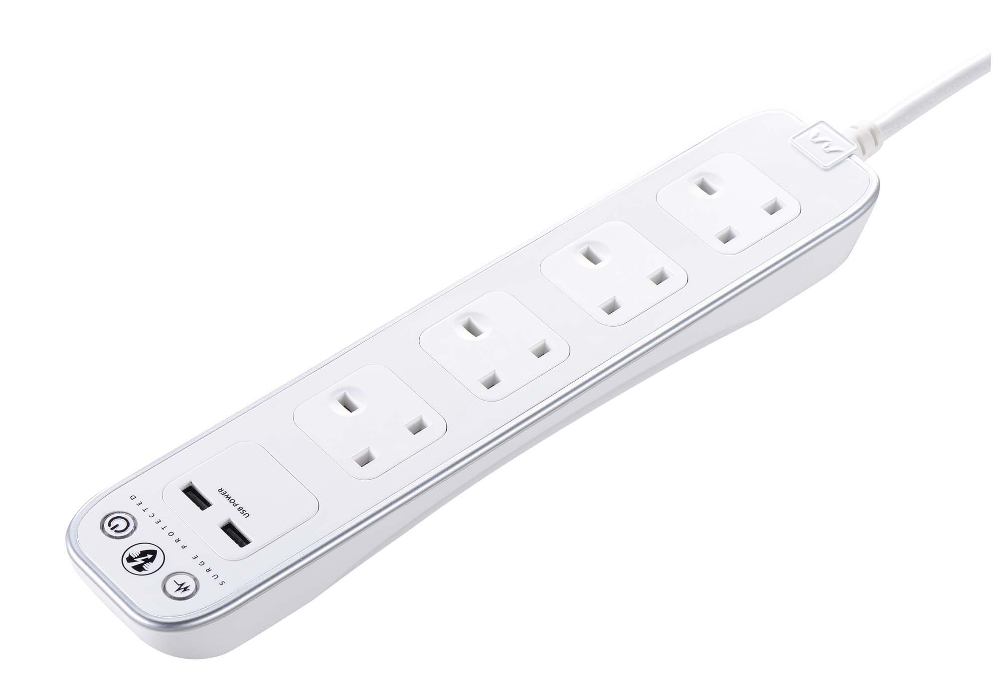 Masterplug Surge White 4 socket Extension lead with USB, 1m