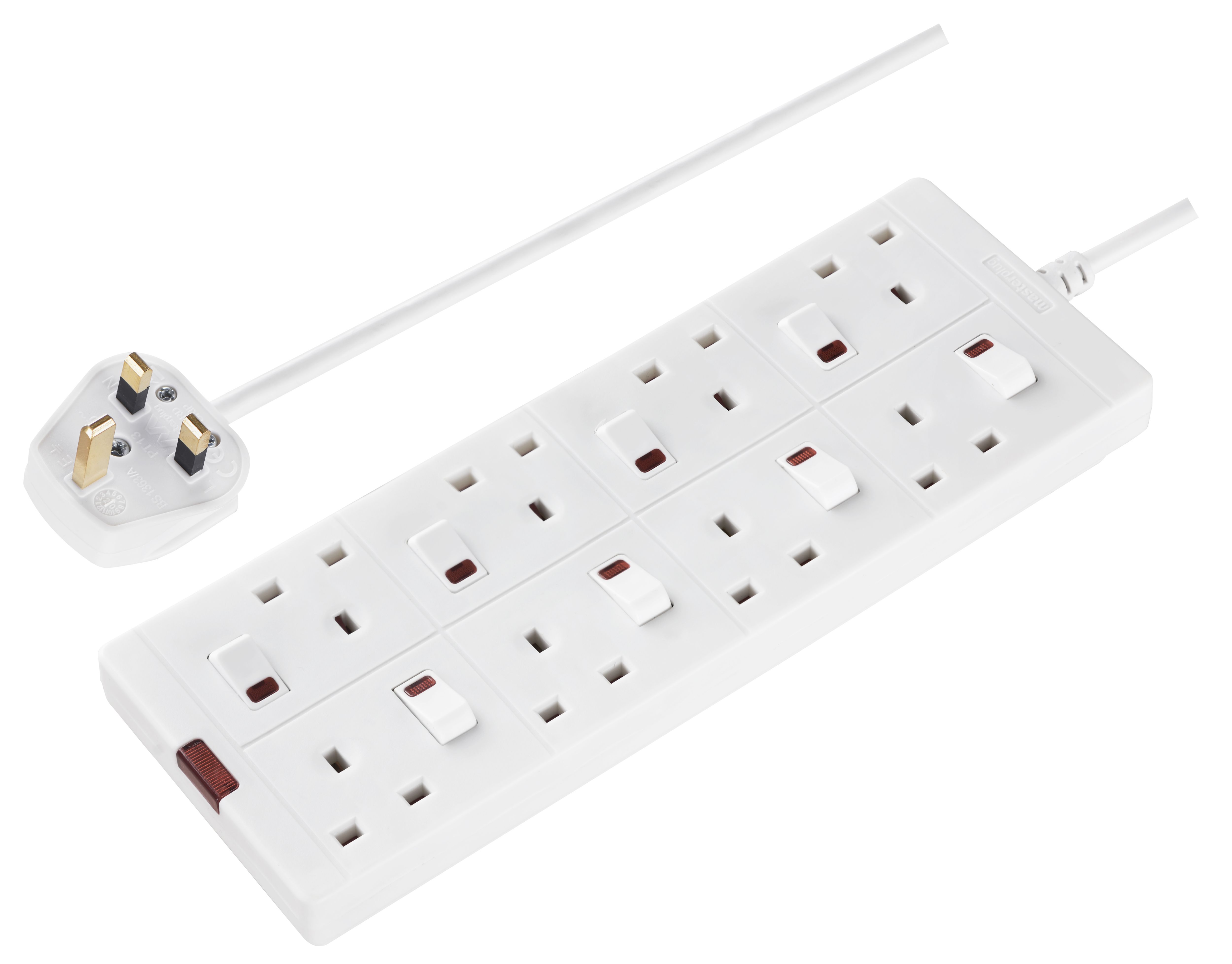 Masterplug SWN82BD 8 socket 13A Switched White Extension lead, 2m