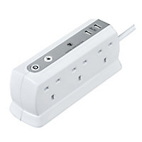 Masterplug White 6 socket Extension lead with USB, 2m