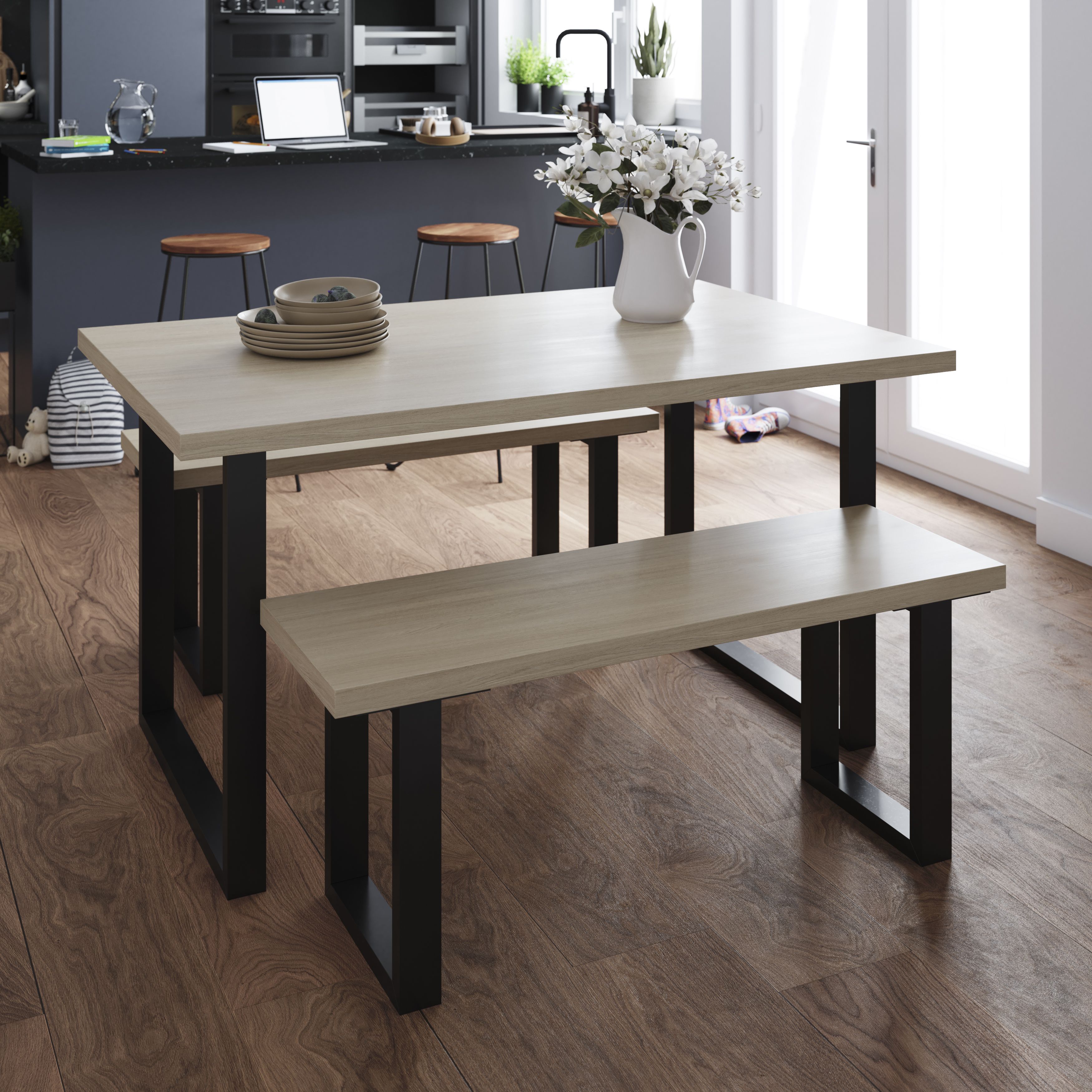 Matt light oak effect Bench, (W)112.4cm