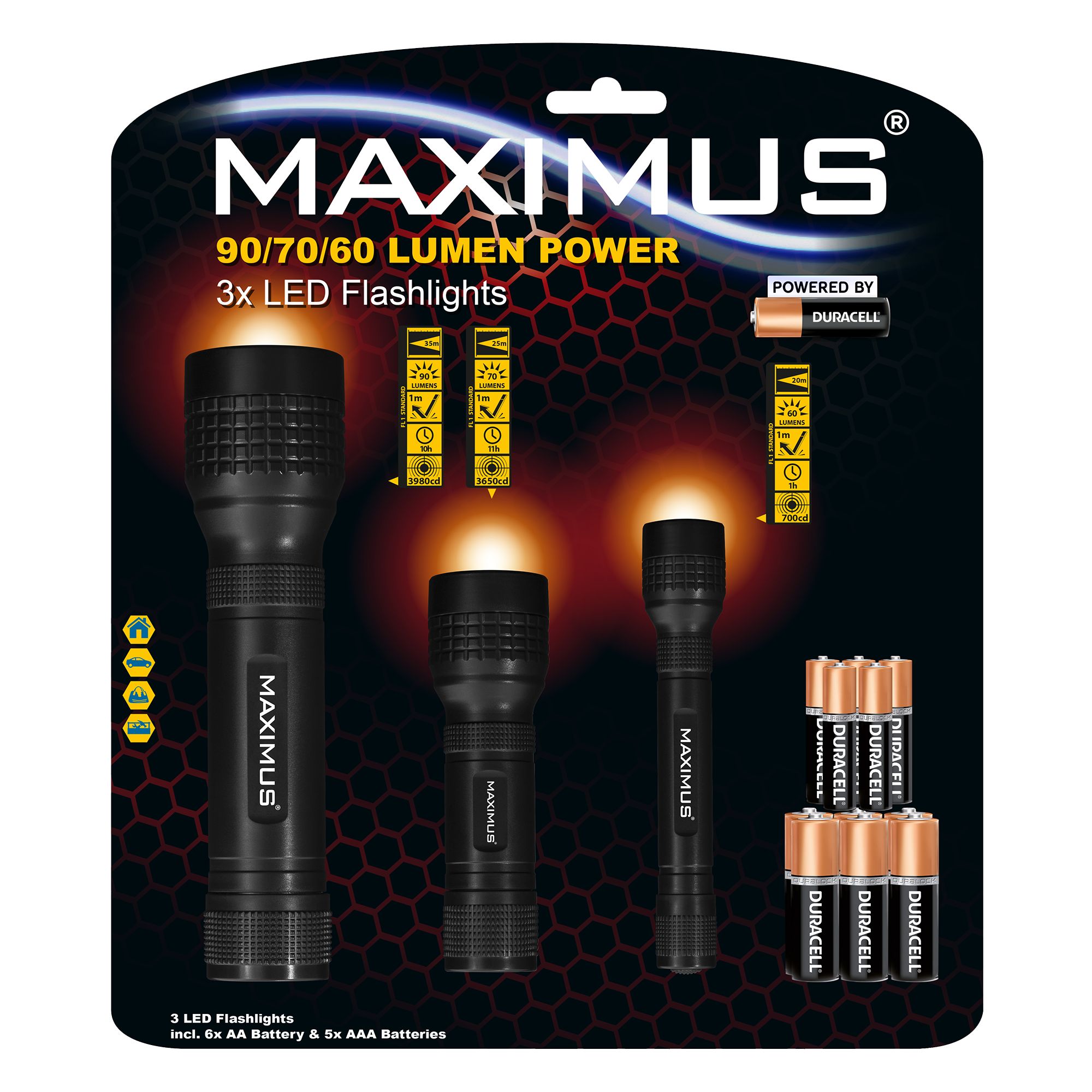 Maximus Black LED Battery-powered Torch, Pack of 3