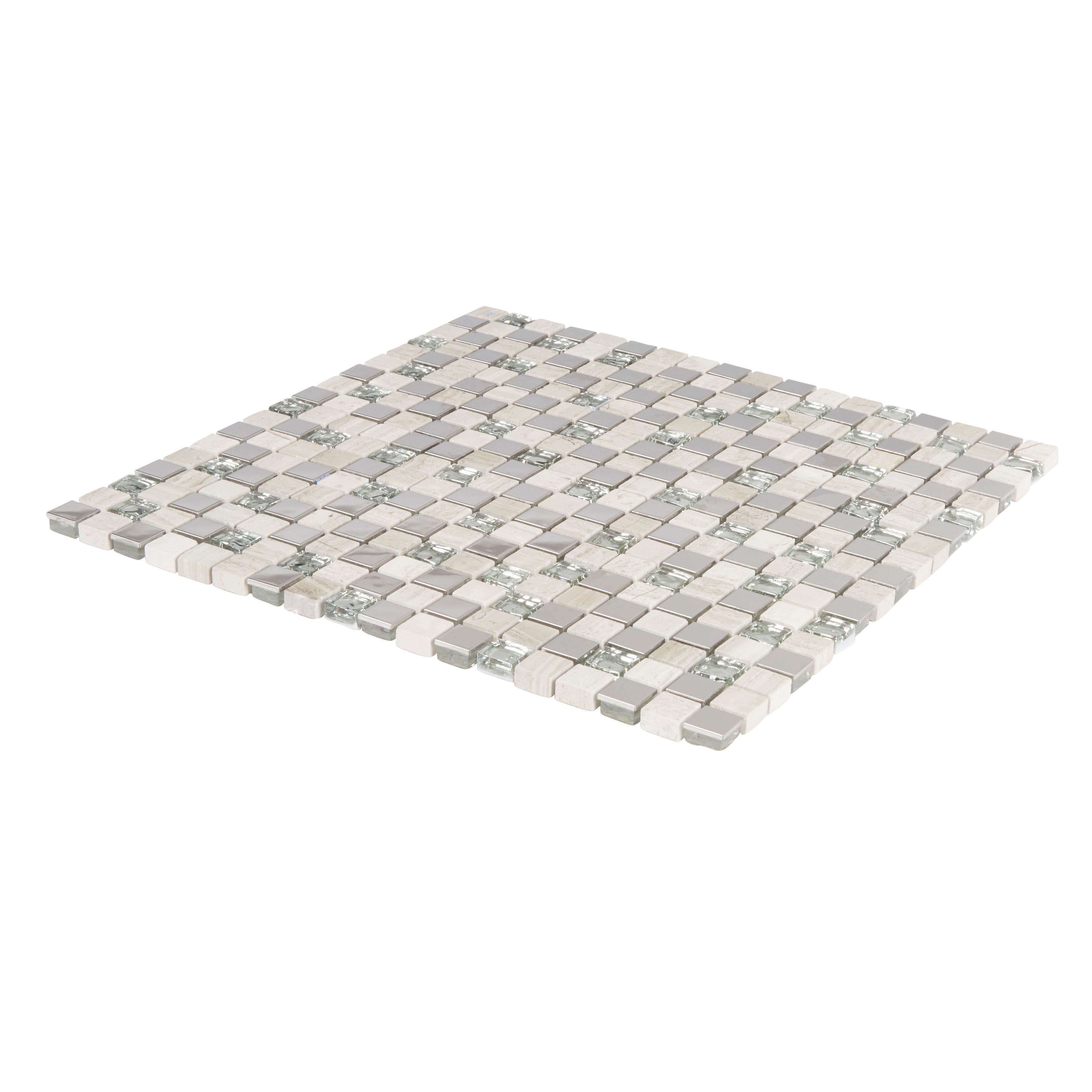 Mecine Grey Gloss Stone effect Glass, natural stone & stainless steel Mosaic tile, (L)300mm (W)300mm