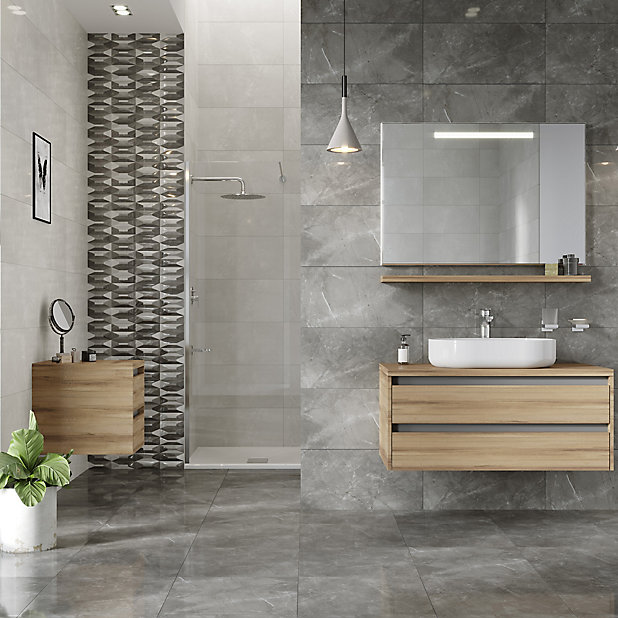 Memphis Anthracite Gloss Marble Effect, Grey Bathroom Tiles B Q