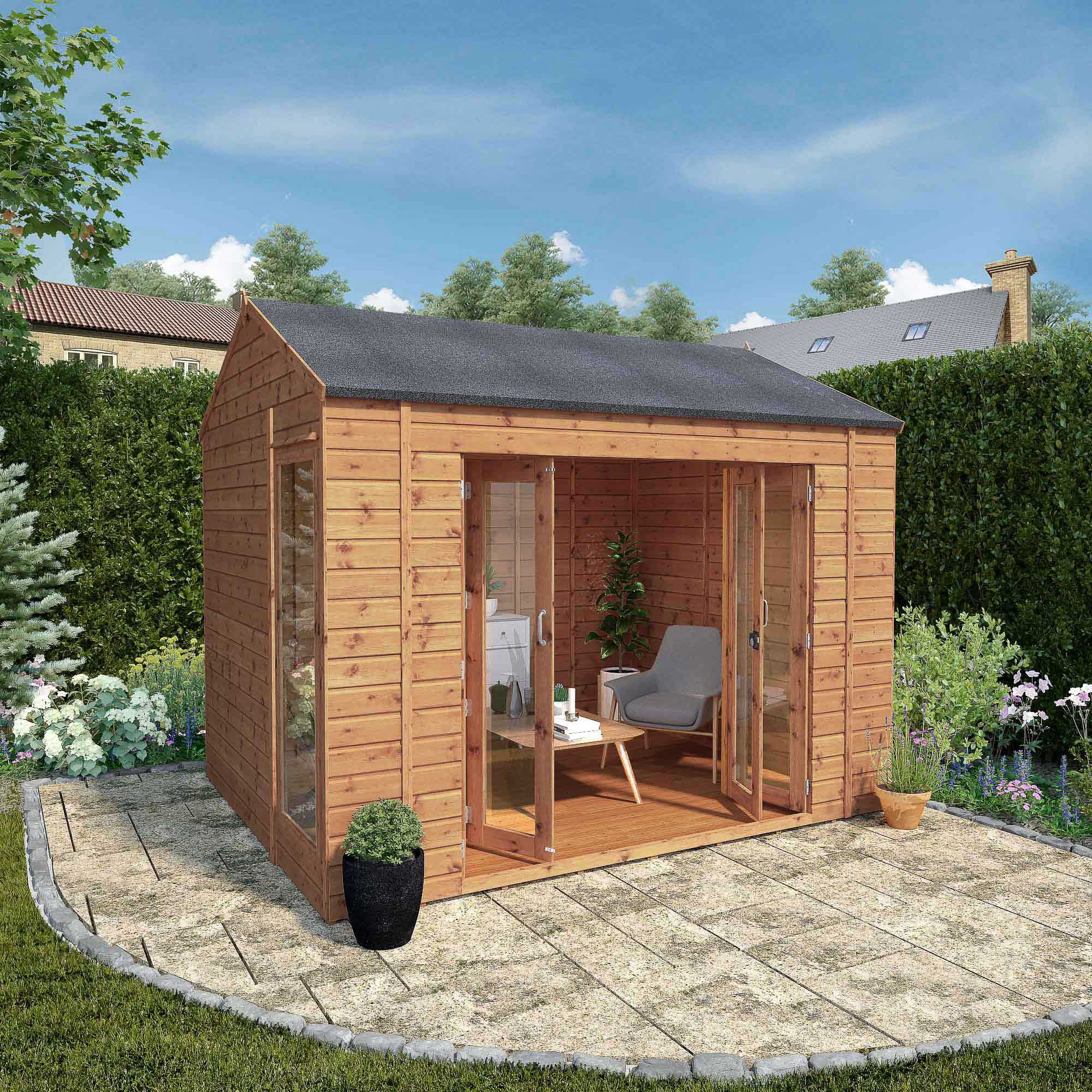 Mercia 10x8 ft with Bi-fold door & 2 windows Reverse apex Wooden Summer house