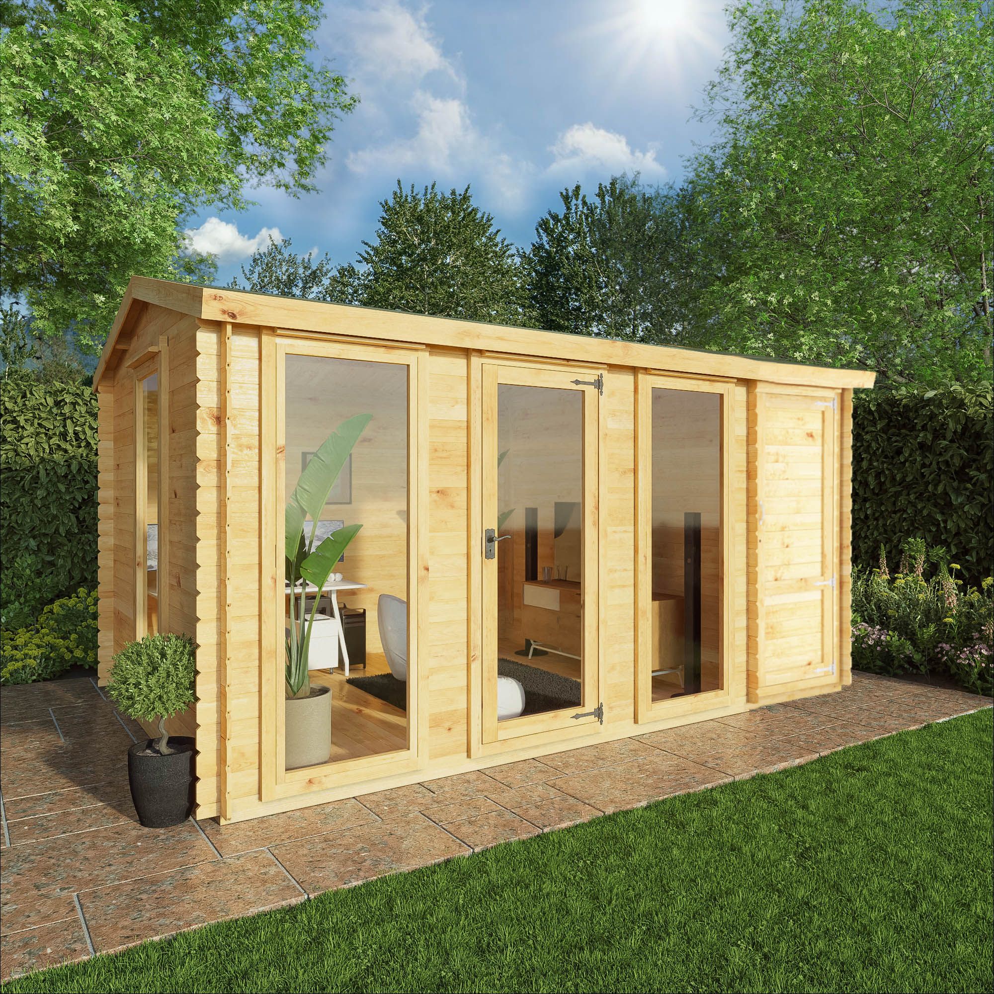 Mercia Log Cabin with Double door & 3 windows Reverse apex Wooden Cabin (H)2595mm x (W)4656mm