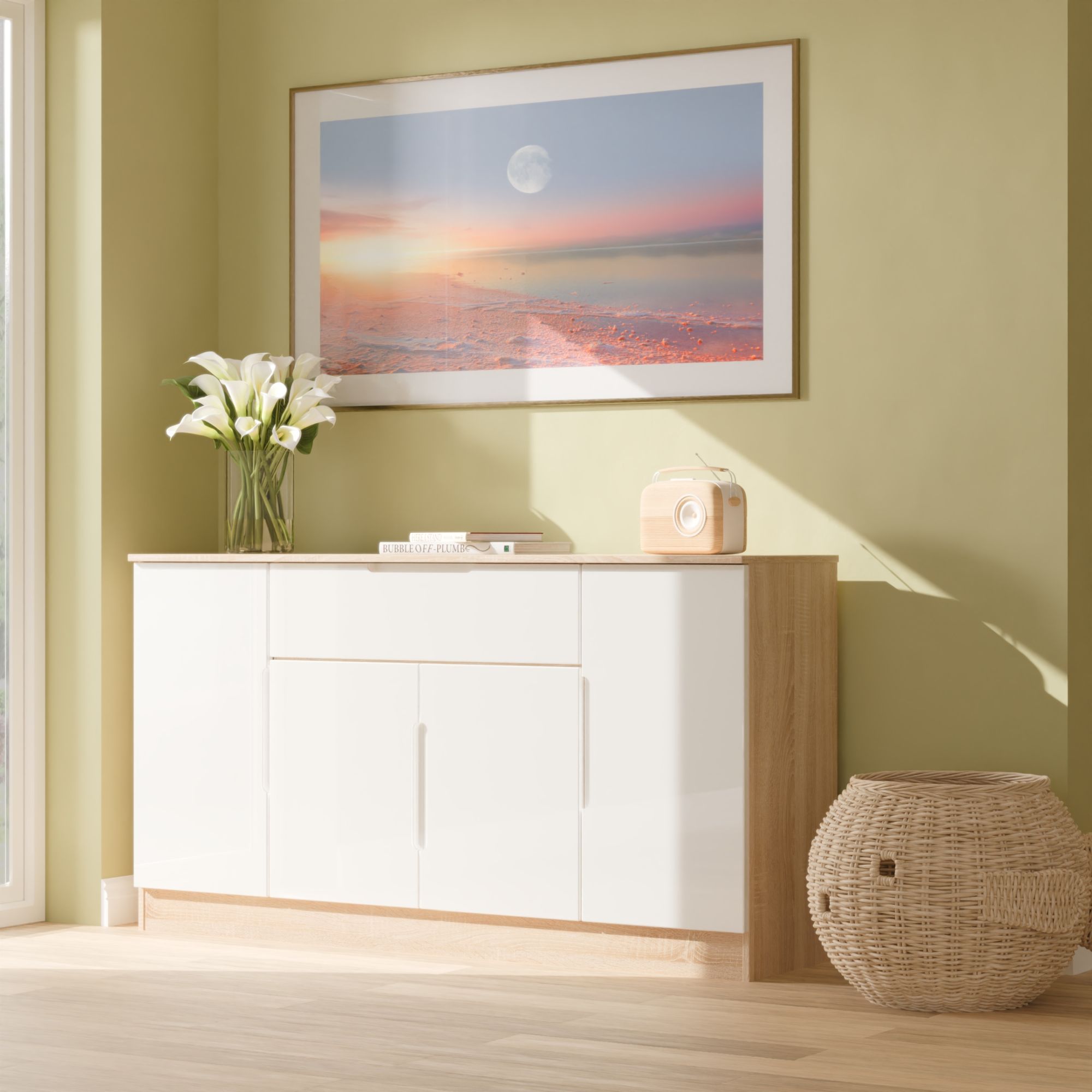 Messina 1 Drawer 4 Door Gloss bardolino oak effect Storage cabinet (H)78.5cm x (W)144.2cm x (D)40cm