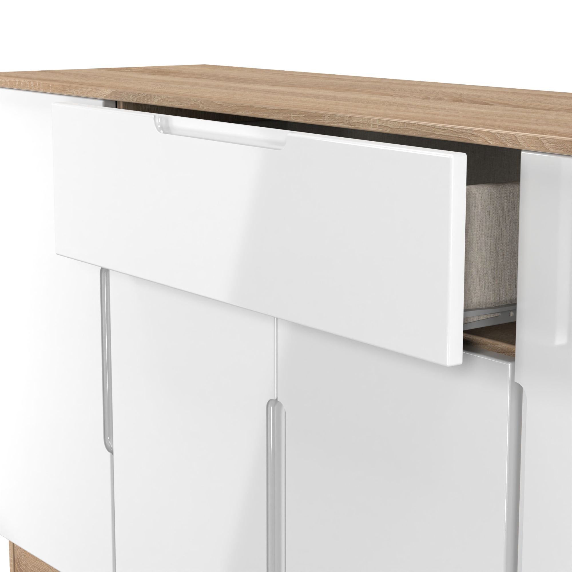 Messina 1 Drawer 4 Door Gloss bardolino oak effect Storage cabinet (H)78.5cm x (W)144.2cm x (D)40cm