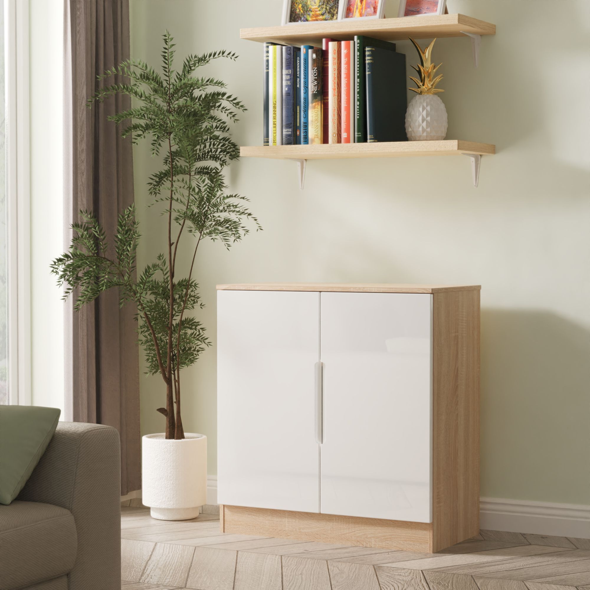 Messina 2 Door Gloss bardolino oak effect Storage cabinet (H)78.5cm x (W)74cm x (D)38.5cm