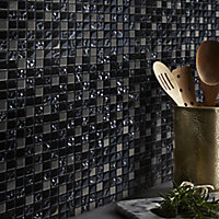 Milaino Black & grey Gloss Glass effect Mosaic Glass & stainless steel Mosaic tile, (L)300mm (W)300mm