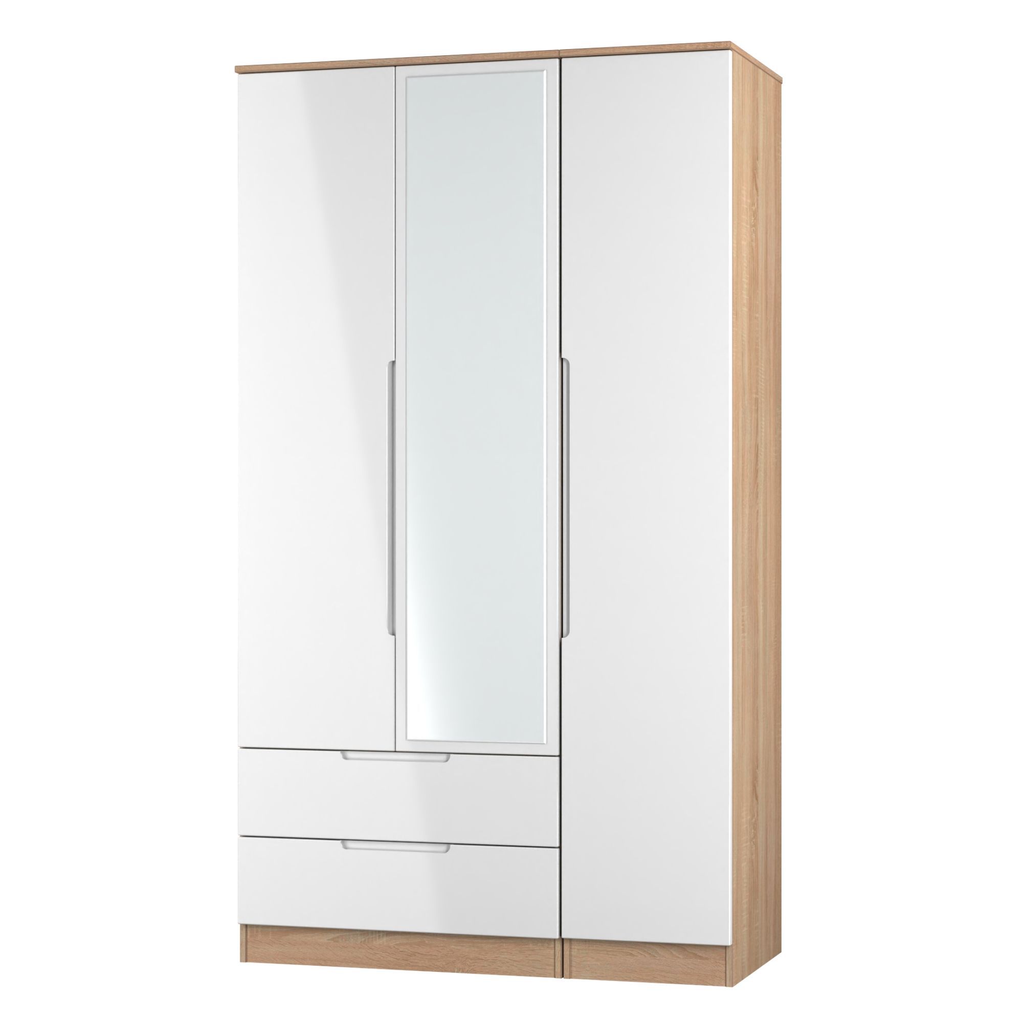 Milan Ready assembled Modern White & oak effect 2 Drawer Tall Triple Wardrobe With 1 mirror door (H)1970mm (W)1110mm (D)530mm