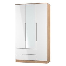 Milan Ready assembled Modern White & oak effect 2 Drawer Tall Triple Wardrobe With 1 mirror door (H)1970mm (W)1110mm (D)530mm
