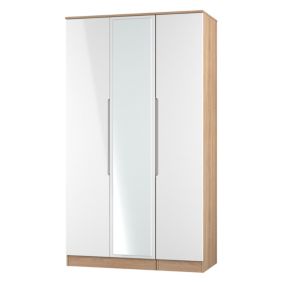 Milan Ready assembled Modern White & oak effect Tall Triple Wardrobe With 1 mirror door (H)1970mm (W)1110mm (D)530mm