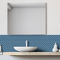 Mini Petrol blue Gloss Metro Porcelain Mosaic tile, (L)296mm (W)296mm