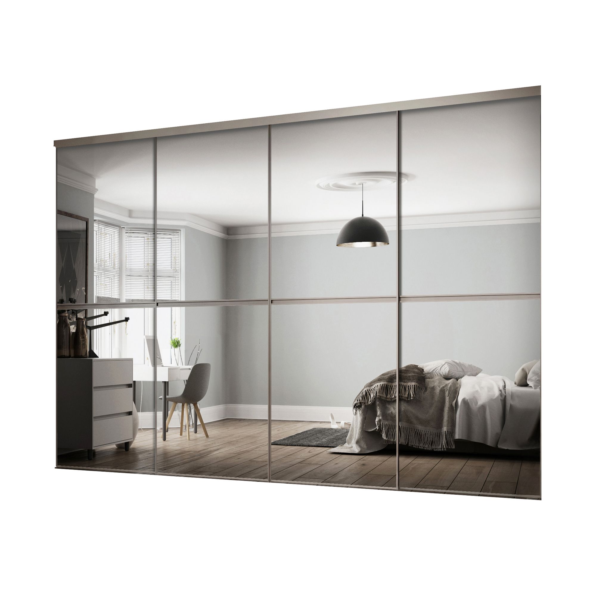 Minimalist Mirrored 4 door Sliding Wardrobe Door kit (H)2260mm (W)3008mm DIY at B&Q