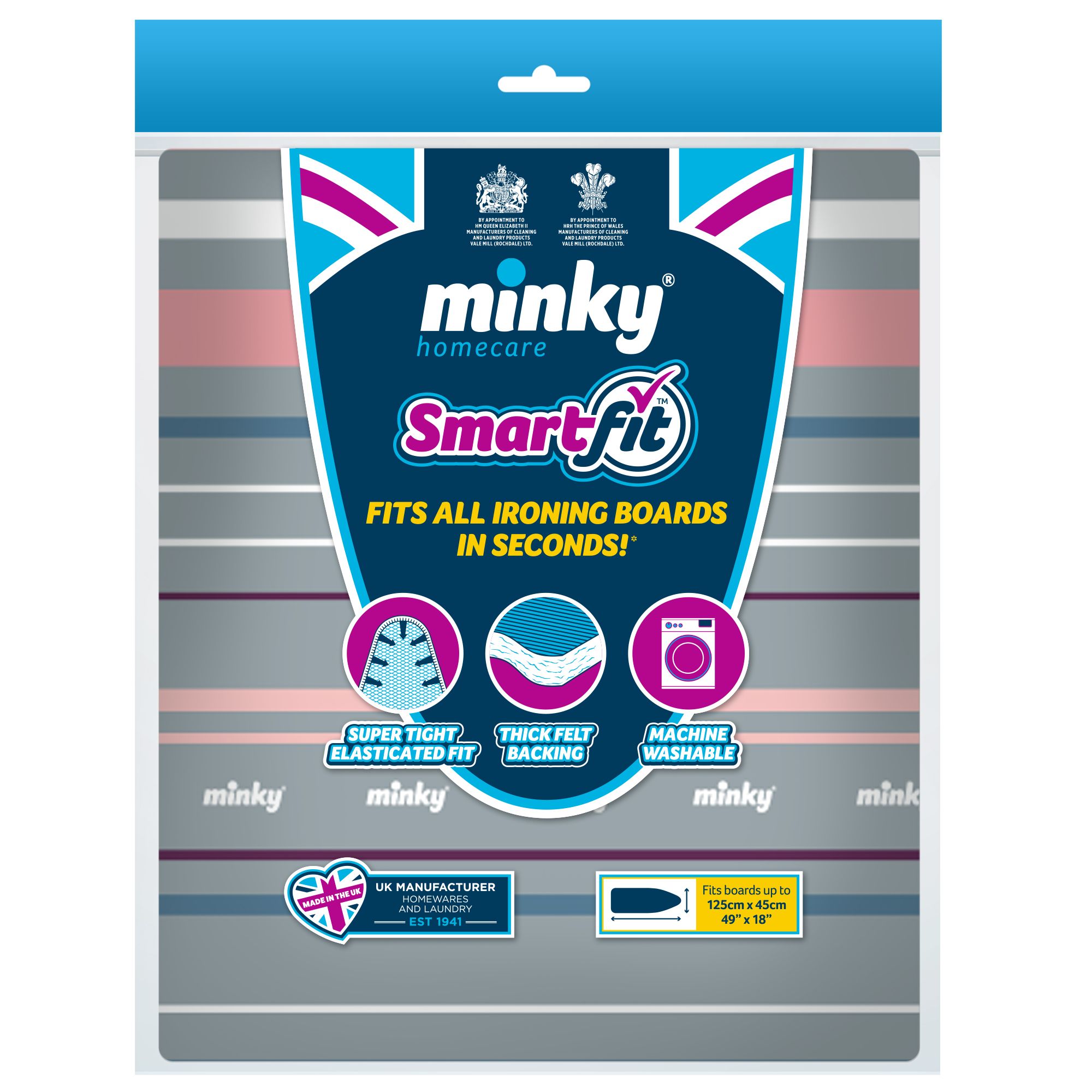Minky Smart fit Multicolour Pink stripe Elasticated Ironing board cover (L)45cm (W)125cm