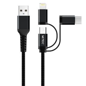 MiTEC USB A - Lightning, micro-USB & USB C Charging cable, 1m, Black