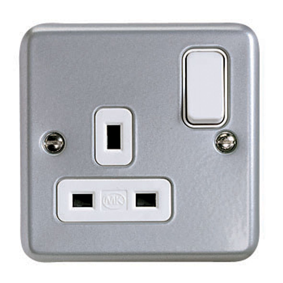 MK 13A Grey 1 gang Switched Metal-clad socket with White inserts