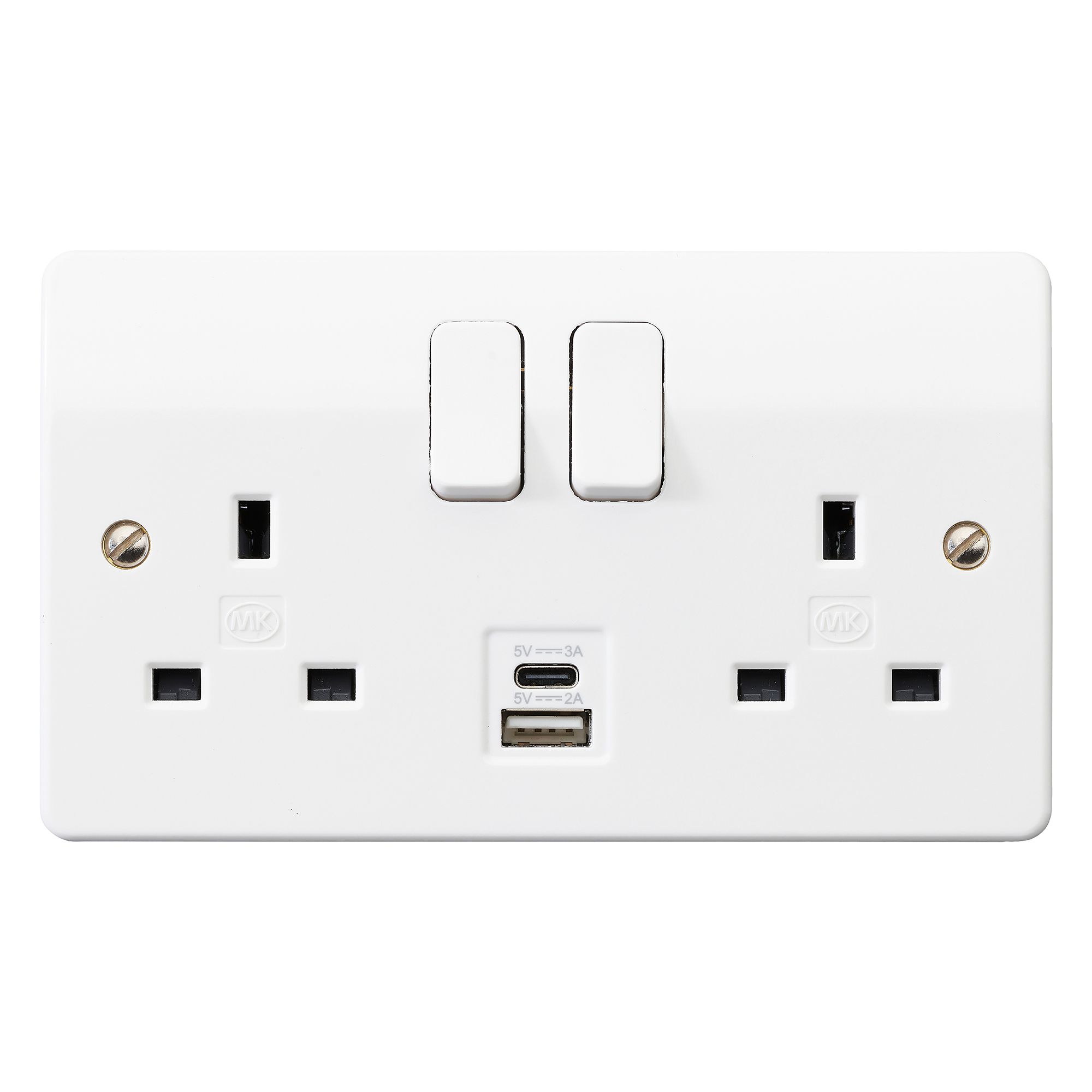 MK White Double 13A Raised slim Switched Screwed Socket with USB, x2