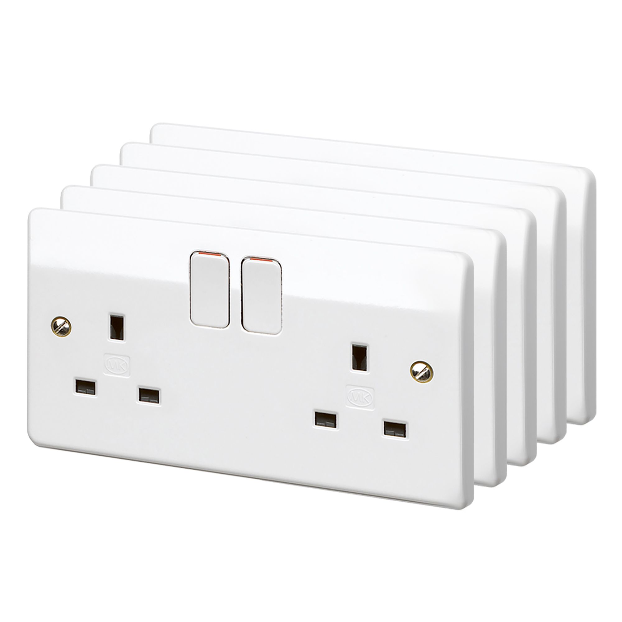 MK White Double 13A Switched Socket, Pack of 5