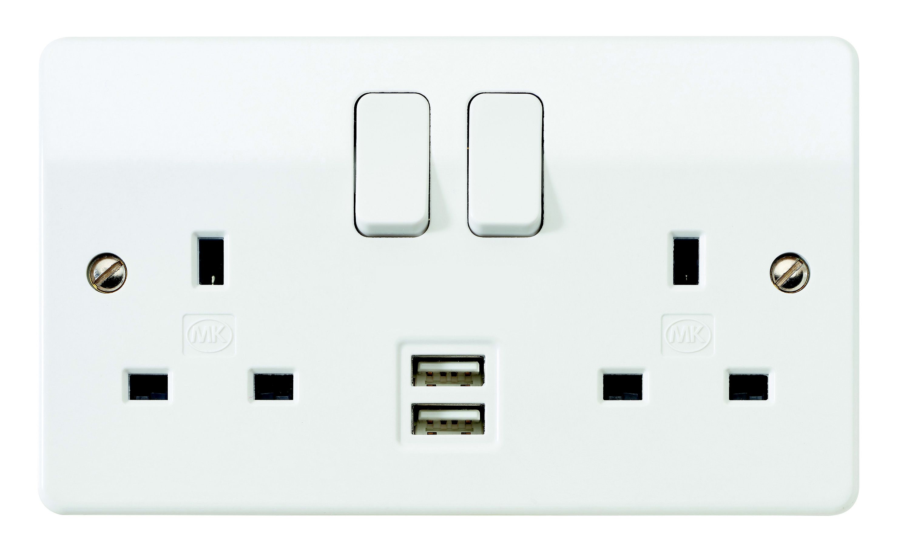 MK White Raised slim Screwed Socket with USB, 2.1 x2 & White inserts