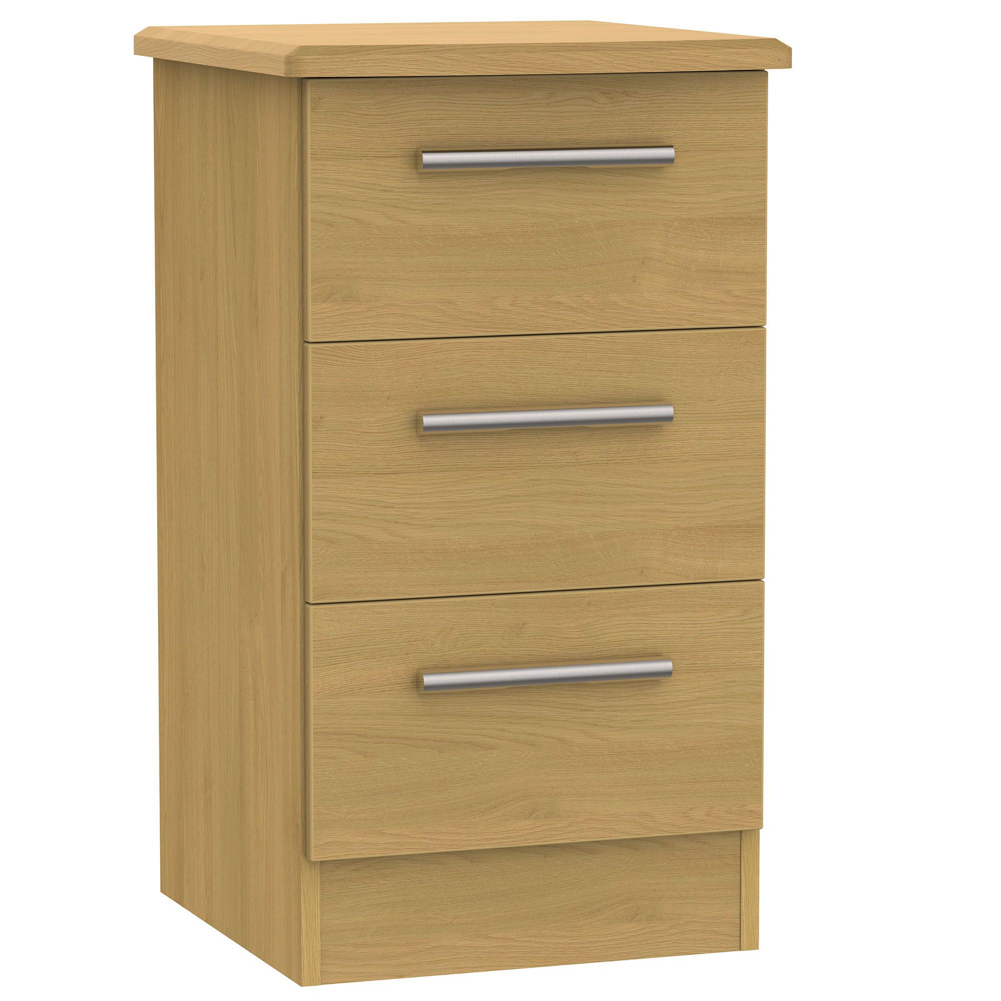 Montana Ready assembled Oak effect 3 Drawer Bedside table (H)700mm (W)400mm (D)410mm