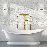 Monte Carlo White Gloss & matt Brass effect Marble Mosaic tile, (L)300mm (W)350mm