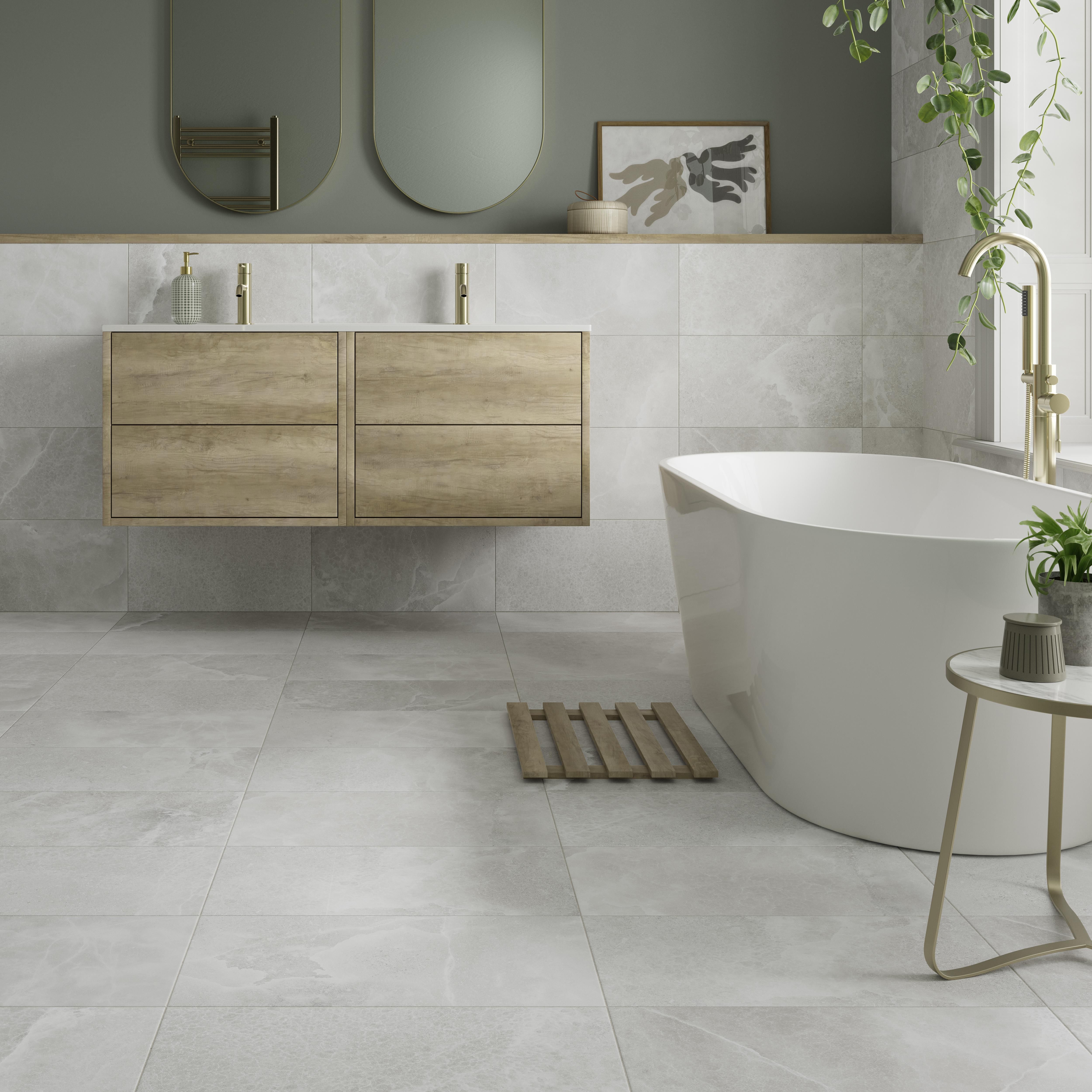 Moonstone Light Grey Matt Stone effect Porcelain Indoor Wall & floor Tile, Pack of 7, (L)600mm (W)300mm