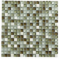 Moss green Frosted Glass & marble Mosaic tile sheet, (L)300mm (W)300mm