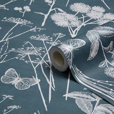 Muriva Botanical blackboard Teal Foliage Smooth Wallpaper | DIY at B&Q