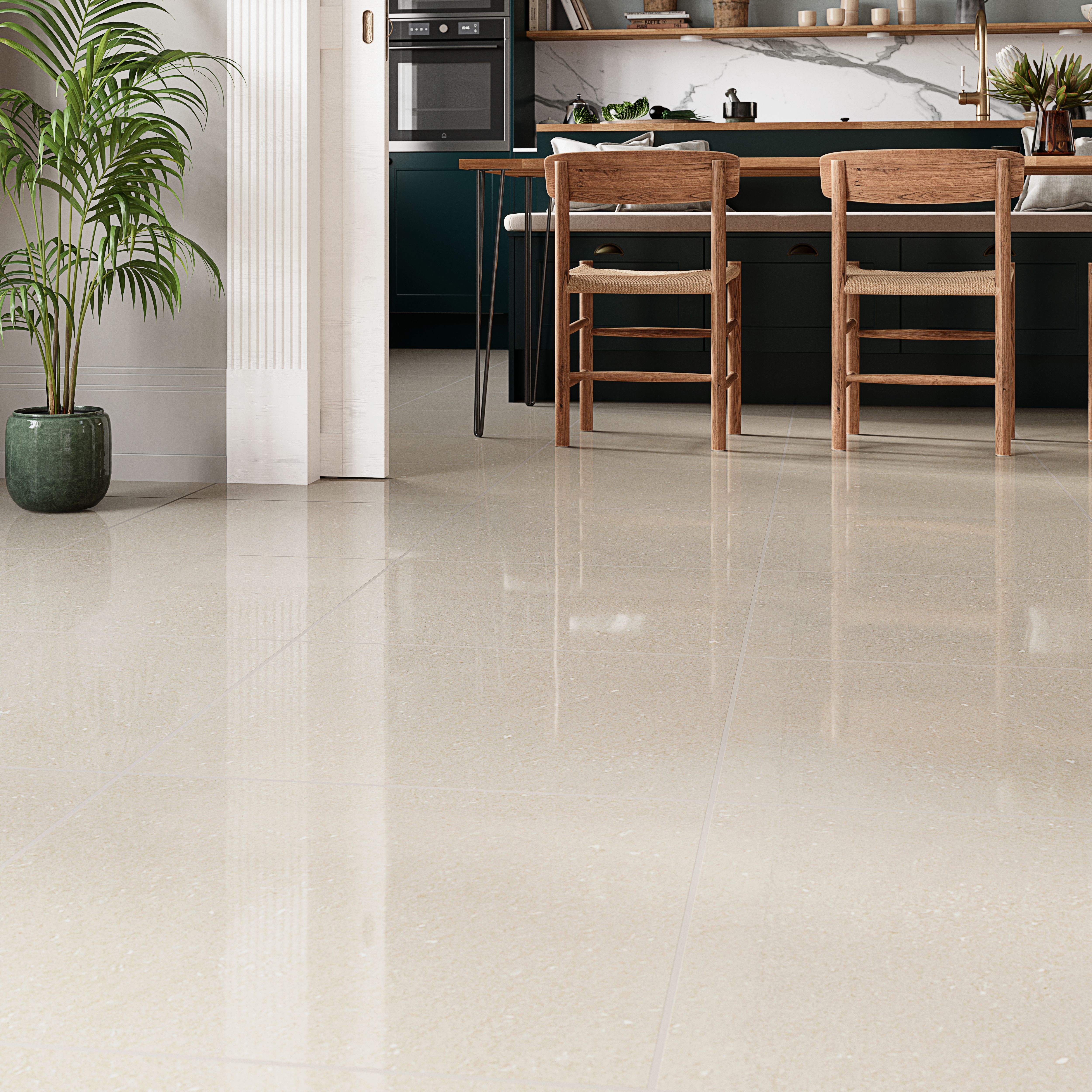 Musetta Beige Gloss Marble effect Porcelain Indoor Wall & floor Tile