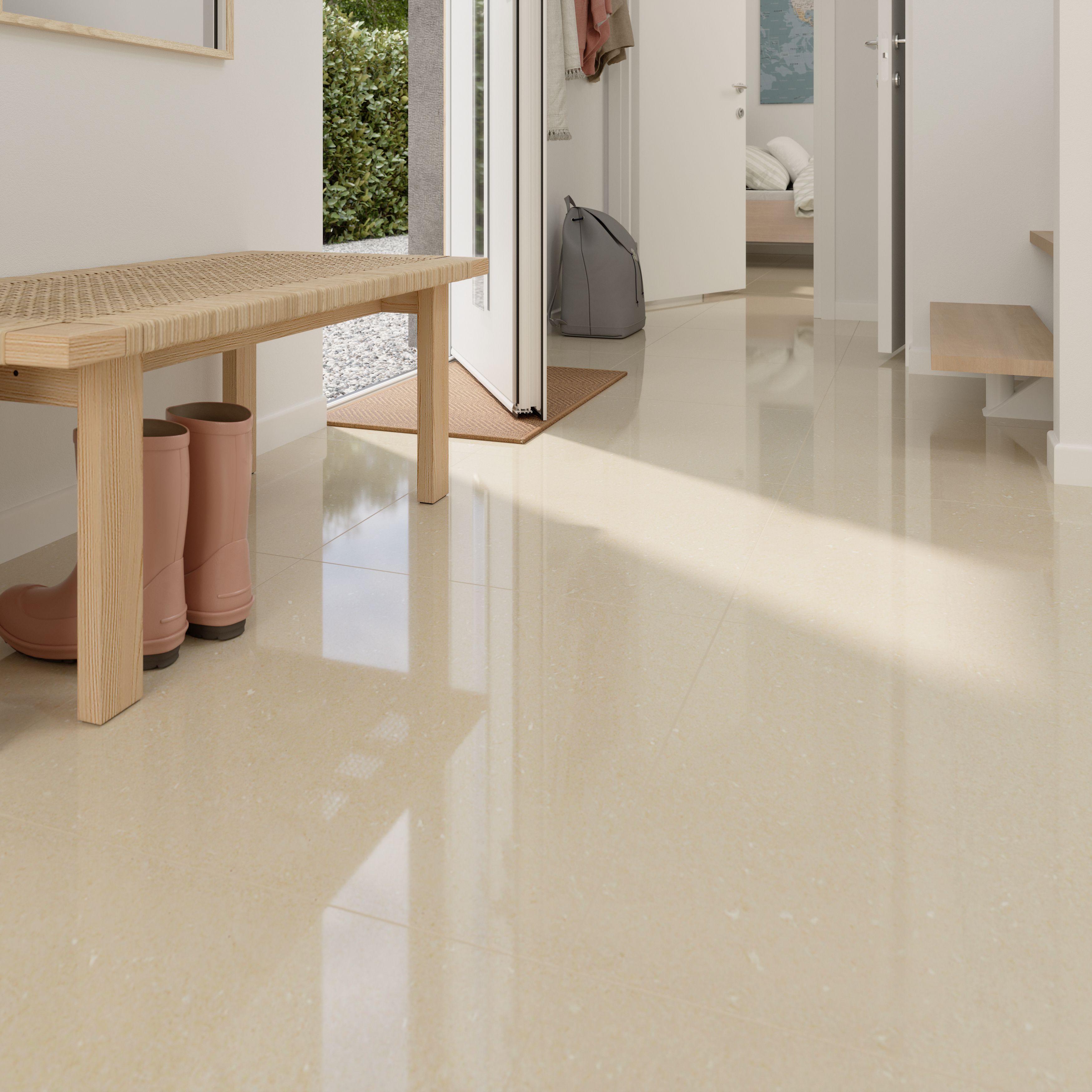 Musetta Beige Gloss Marble effect Porcelain Indoor Wall & floor Tile, Pack of 4, (L)600mm (W)600mm