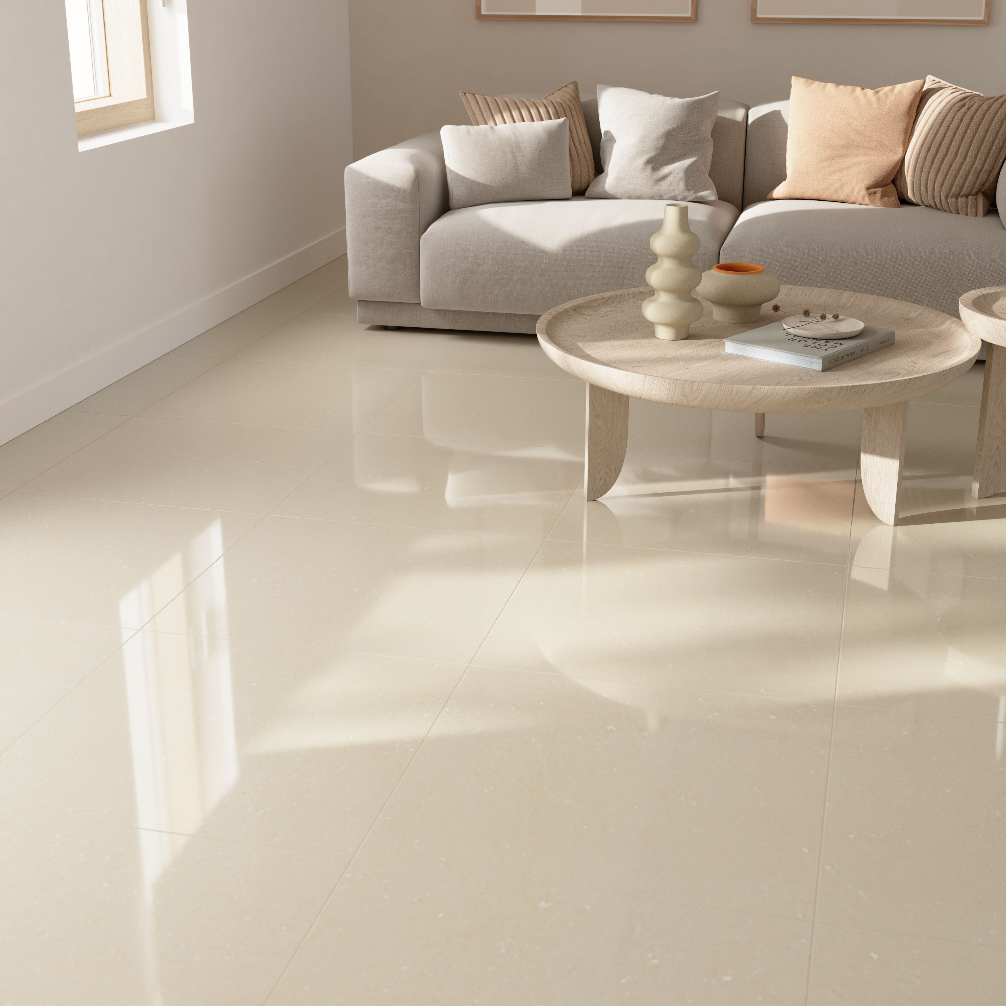 Musetta Beige Gloss Marble effect Porcelain Indoor Wall & floor Tile, Pack of 4, (L)600mm (W)600mm