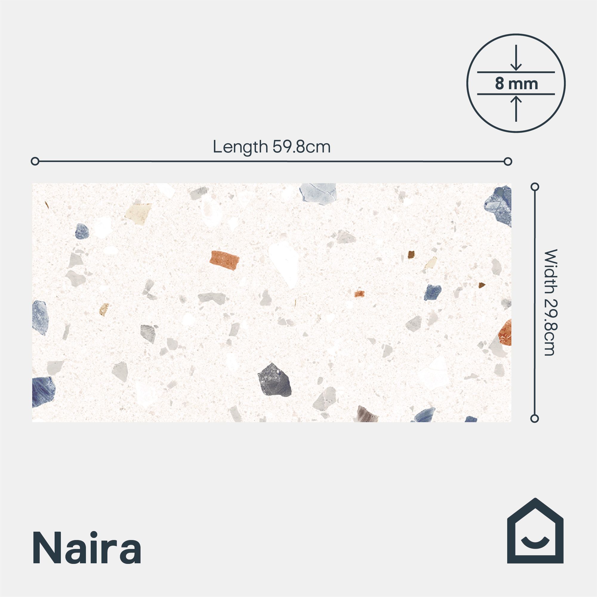 Naira White & Multicolour Satin Terrazzo Stone effect Ceramic Indoor Wall tile, Pack of 7, (L)598mm (W)298mm