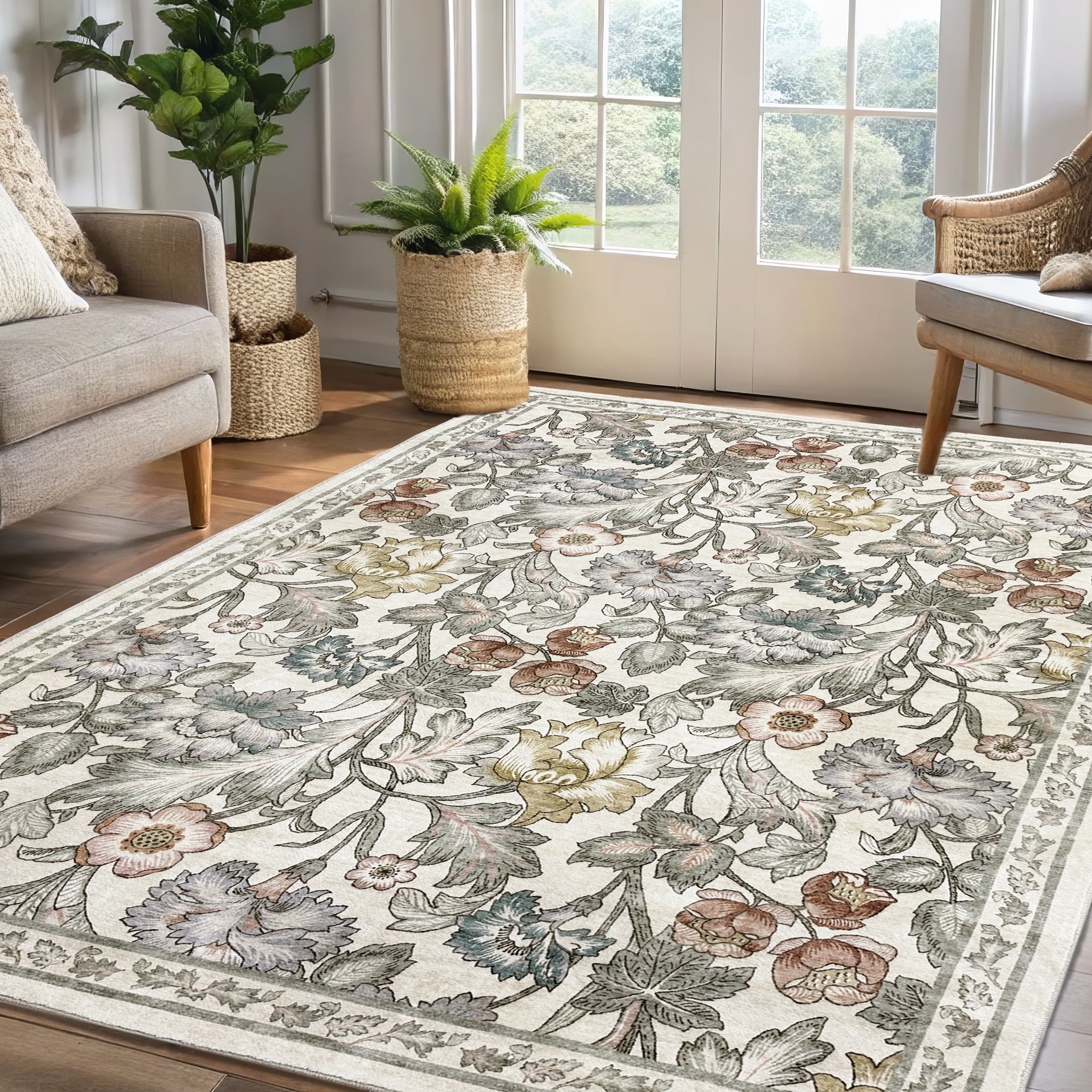 Natural Floral Medium Rug, (L)170cm x (W)120cm
