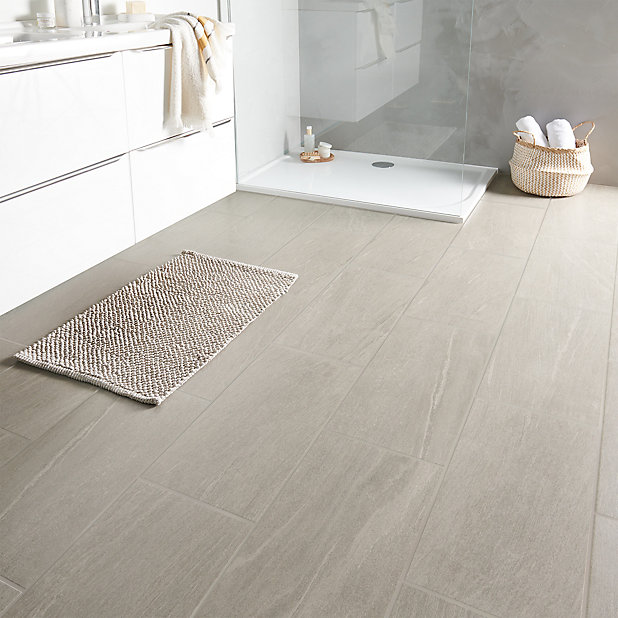 Natural Greige Satin Stone Effect, Laminate Tile Flooring Kitchen B Q