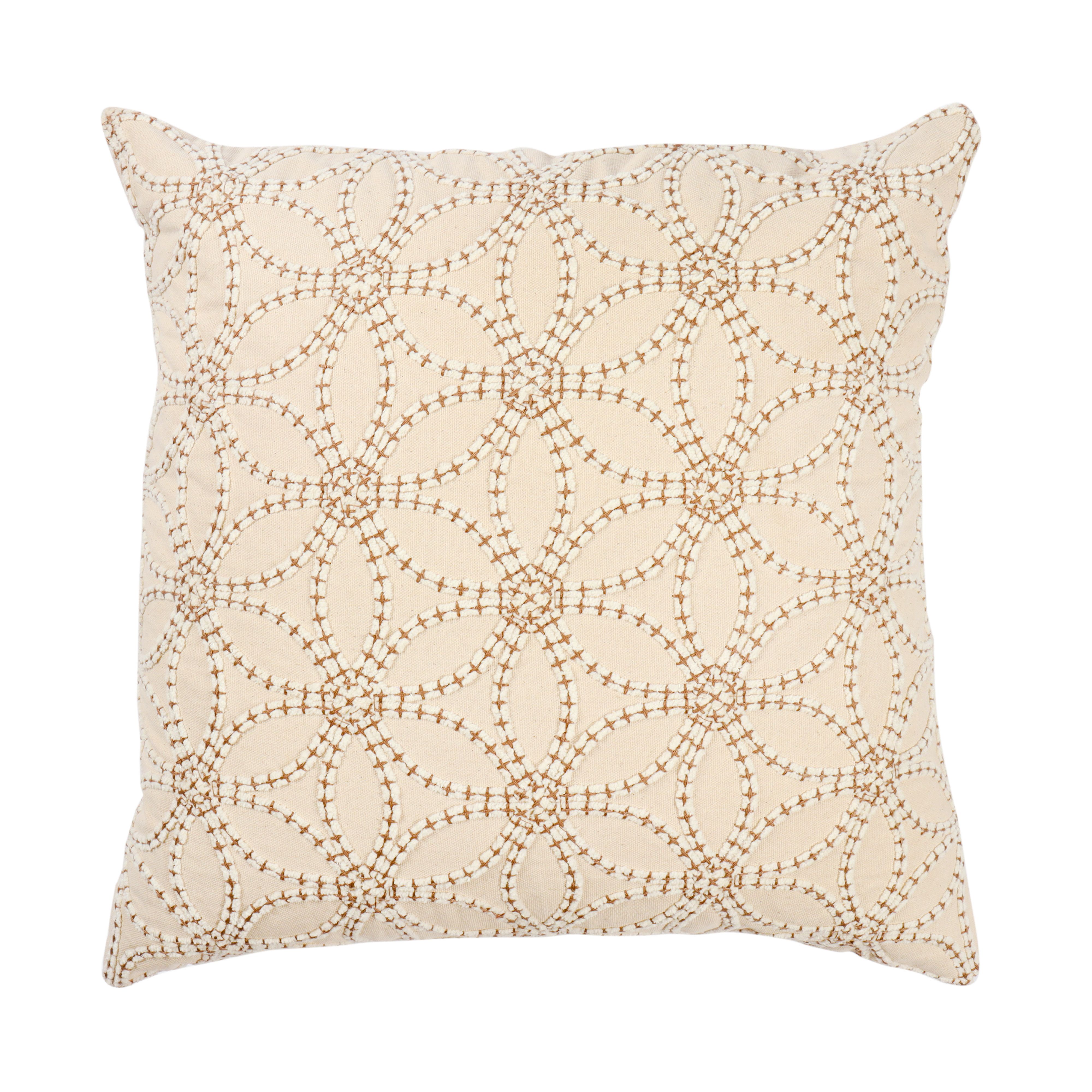 Natural & White Embroidered Geometric Flowers Indoor Cushion (L)45cm (W)45cm