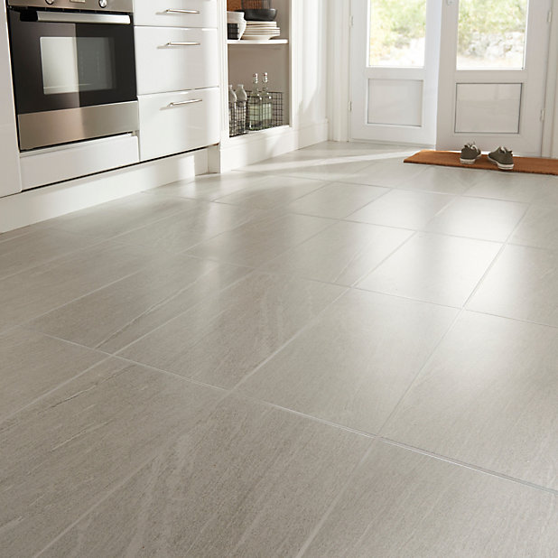 Natural White Satin Stone Effect, Sand Floor Tiles Kitchen