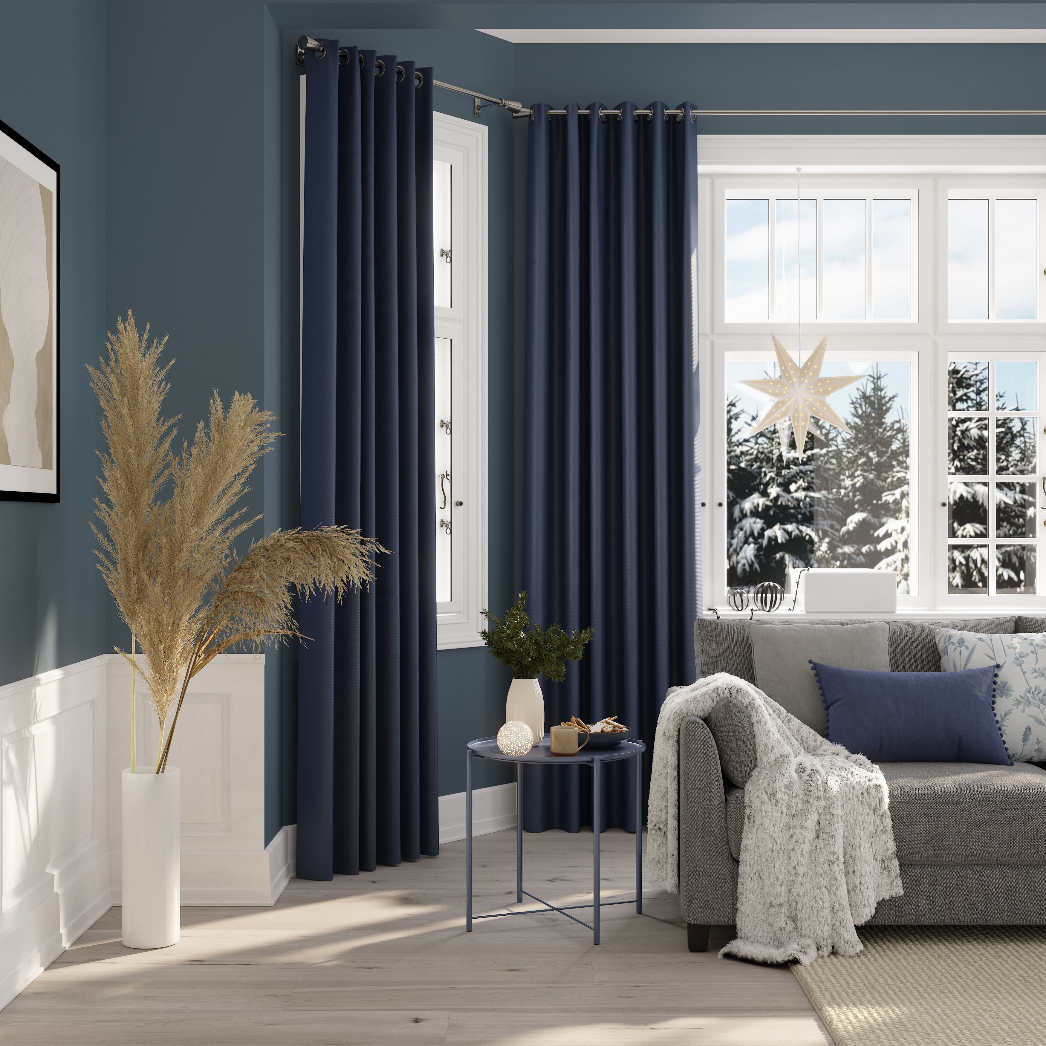 Navy Plain Blackout & thermal Eyelet Curtain (W)167cm (L)228cm, Pair