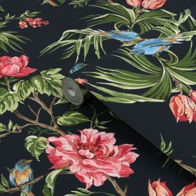 Next Birds & blooms Navy Floral Smooth Wallpaper Sample