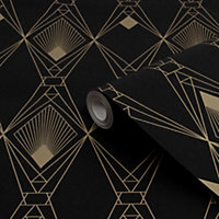 Next Deco geometric Black Metallic effect Smooth Wallpaper