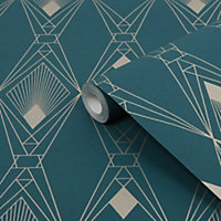 Next Deco geometric Teal Metallic effect Smooth Wallpaper Sample