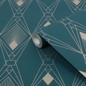 Next Deco geometric Teal Metallic effect Smooth Wallpaper Sample