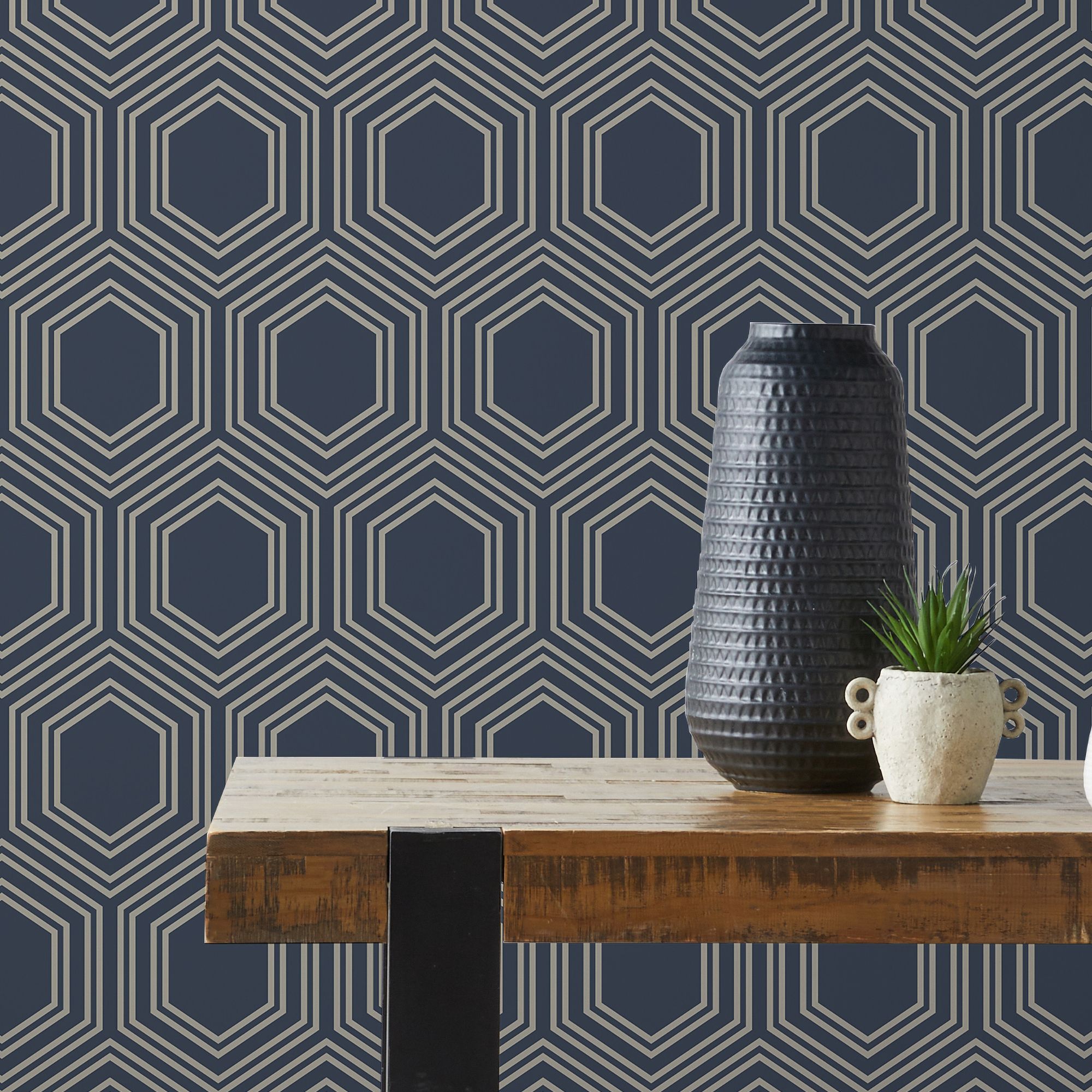 Next Honeycomb Geo Navy Smooth Wallpaper