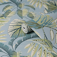Next Jungle leaves Duck egg Smooth Wallpaper Sample